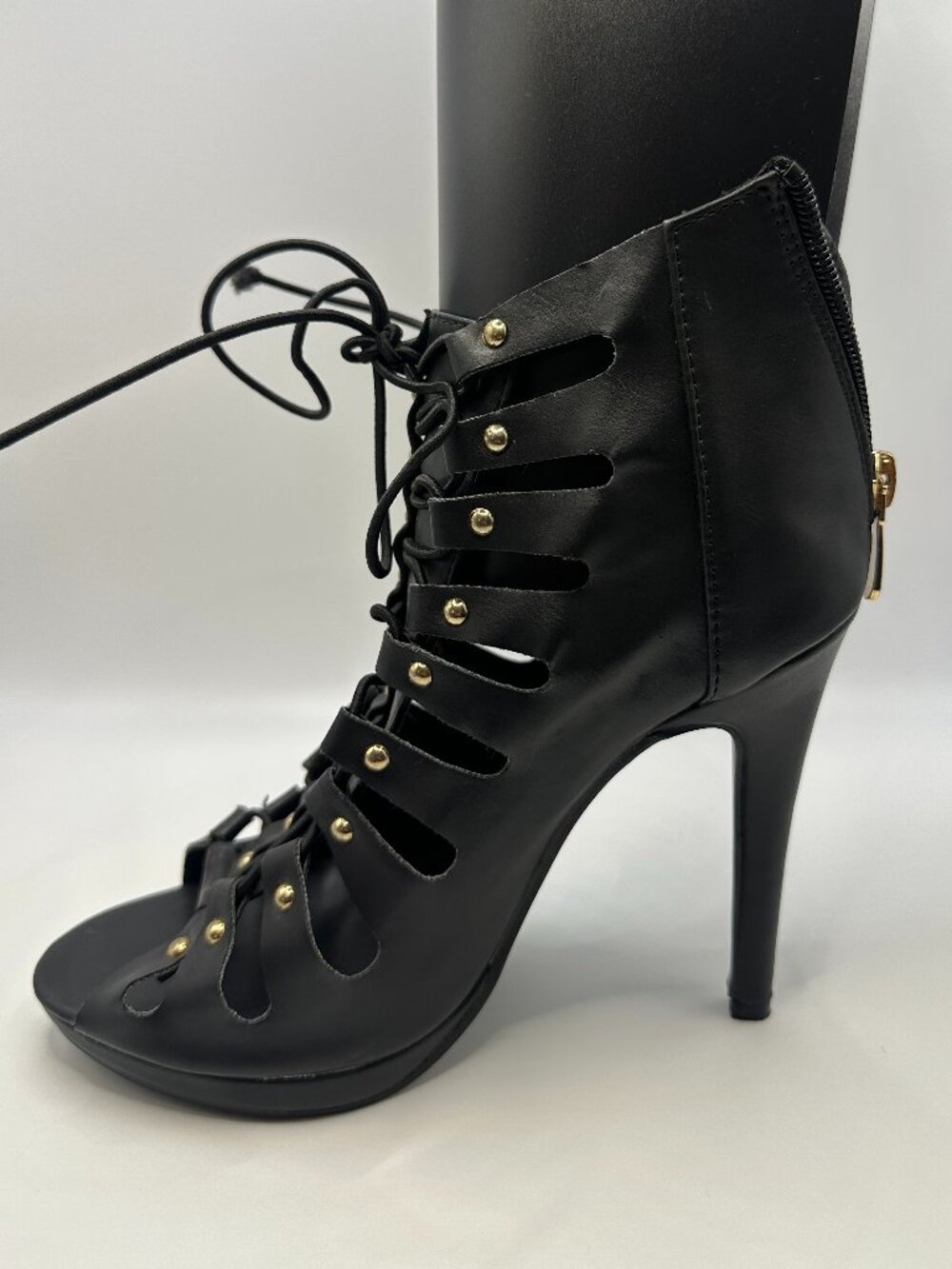 Black Studded Strappy Lace Up Stiletto Heel Ankle Booties Open Toe 6 Rocker Glam